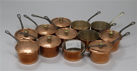 Twelve miniature copper saucepans for individual sauce vessels or brandy warmers
